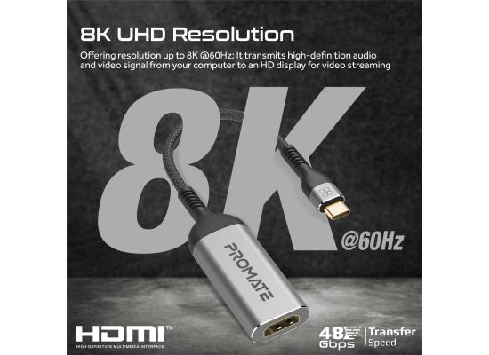 Promate MediaLink-8K USB-C to HDMI Adapter, Ultra HD 8k@60hz HDMI Adapter Converter with 48Gbps Transmission